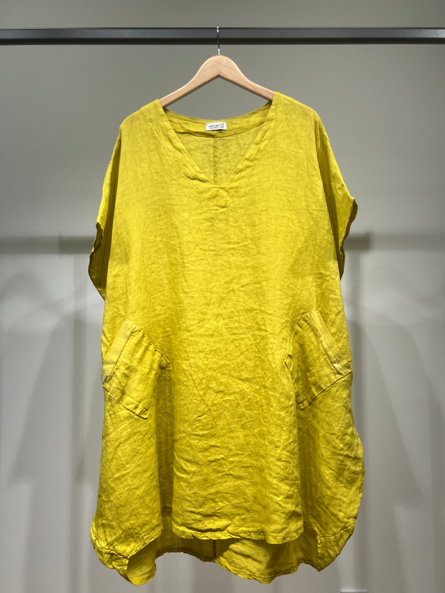 Large V-Neck Tunic with Short Sleeves and Sequin Pockets, 100% Linen