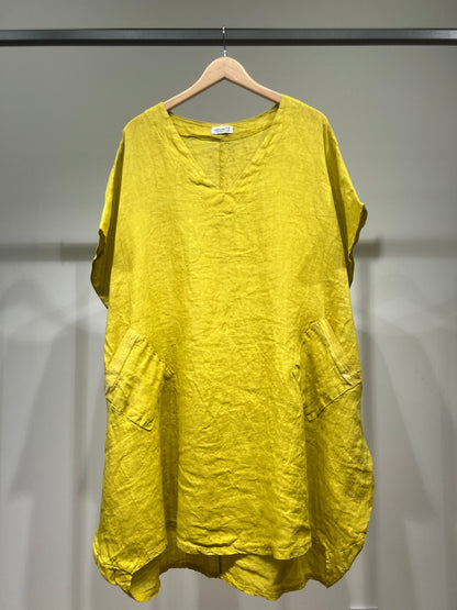 Large V-Neck Tunic with Short Sleeves and Sequin Pockets, 100% Linen