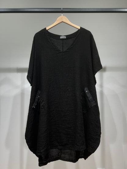 Large V-Neck Tunic with Short Sleeves and Sequin Pockets, 100% Linen