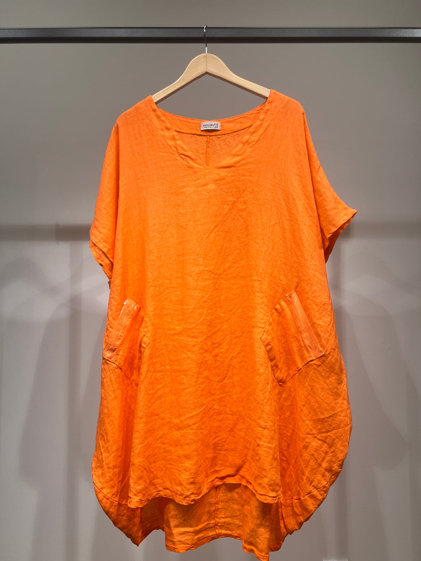 Large V-Neck Tunic with Short Sleeves and Sequin Pockets, 100% Linen