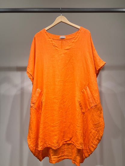 Large V-Neck Tunic with Short Sleeves and Sequin Pockets, 100% Linen