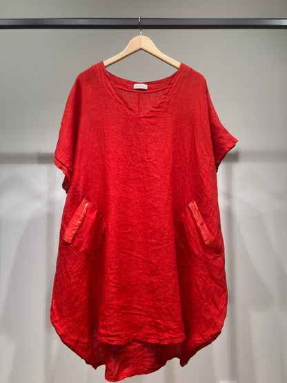Large V-Neck Tunic with Short Sleeves and Sequin Pockets, 100% Linen