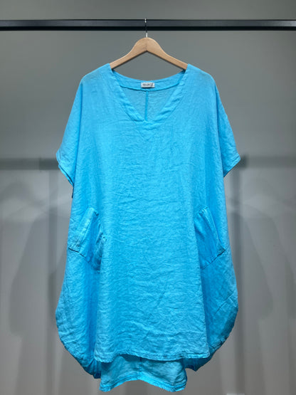 Large V-Neck Tunic with Short Sleeves and Sequin Pockets, 100% Linen