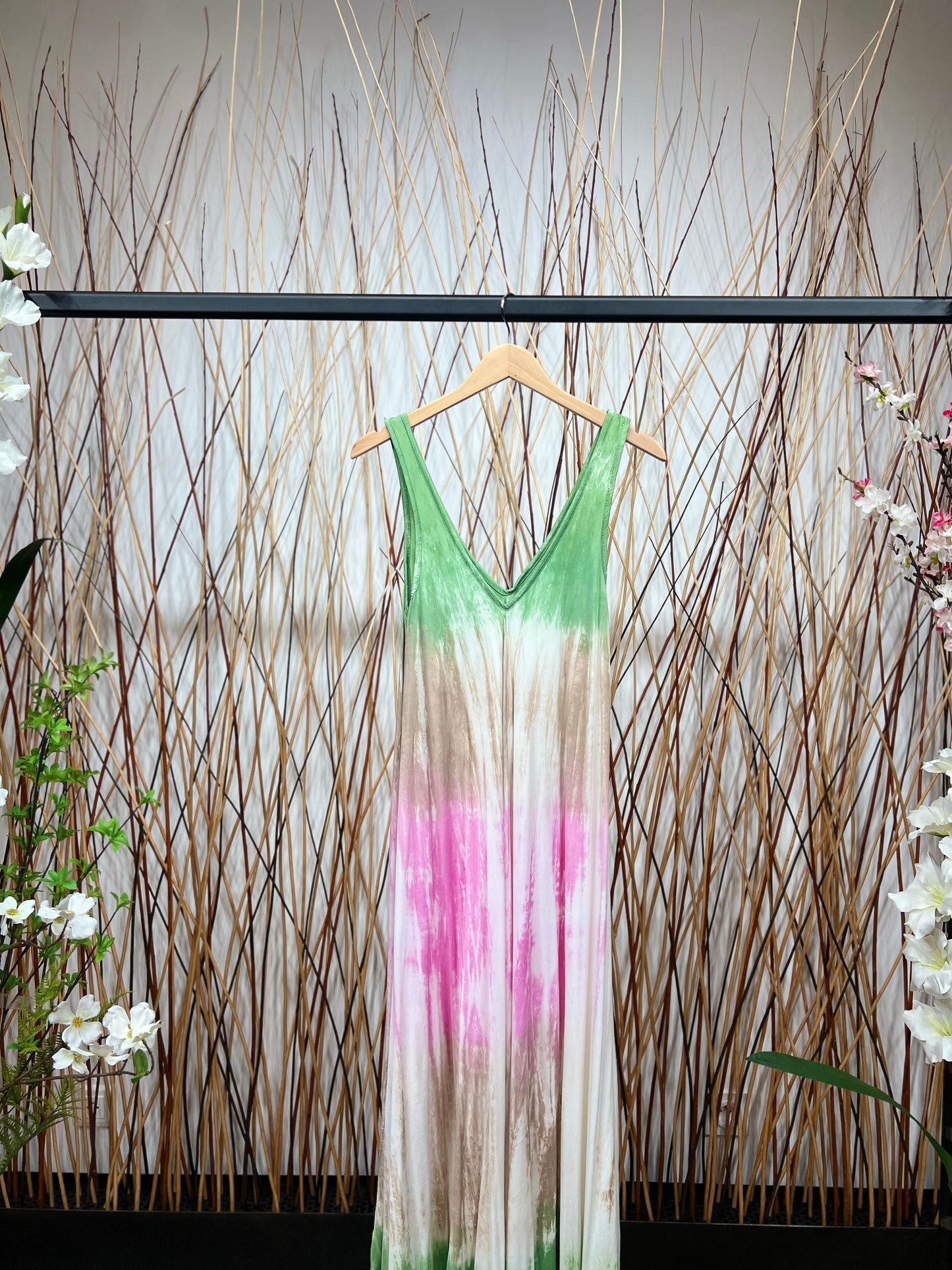 Robe Longue Tie & Dye Tricolore Bretelles Large Col V