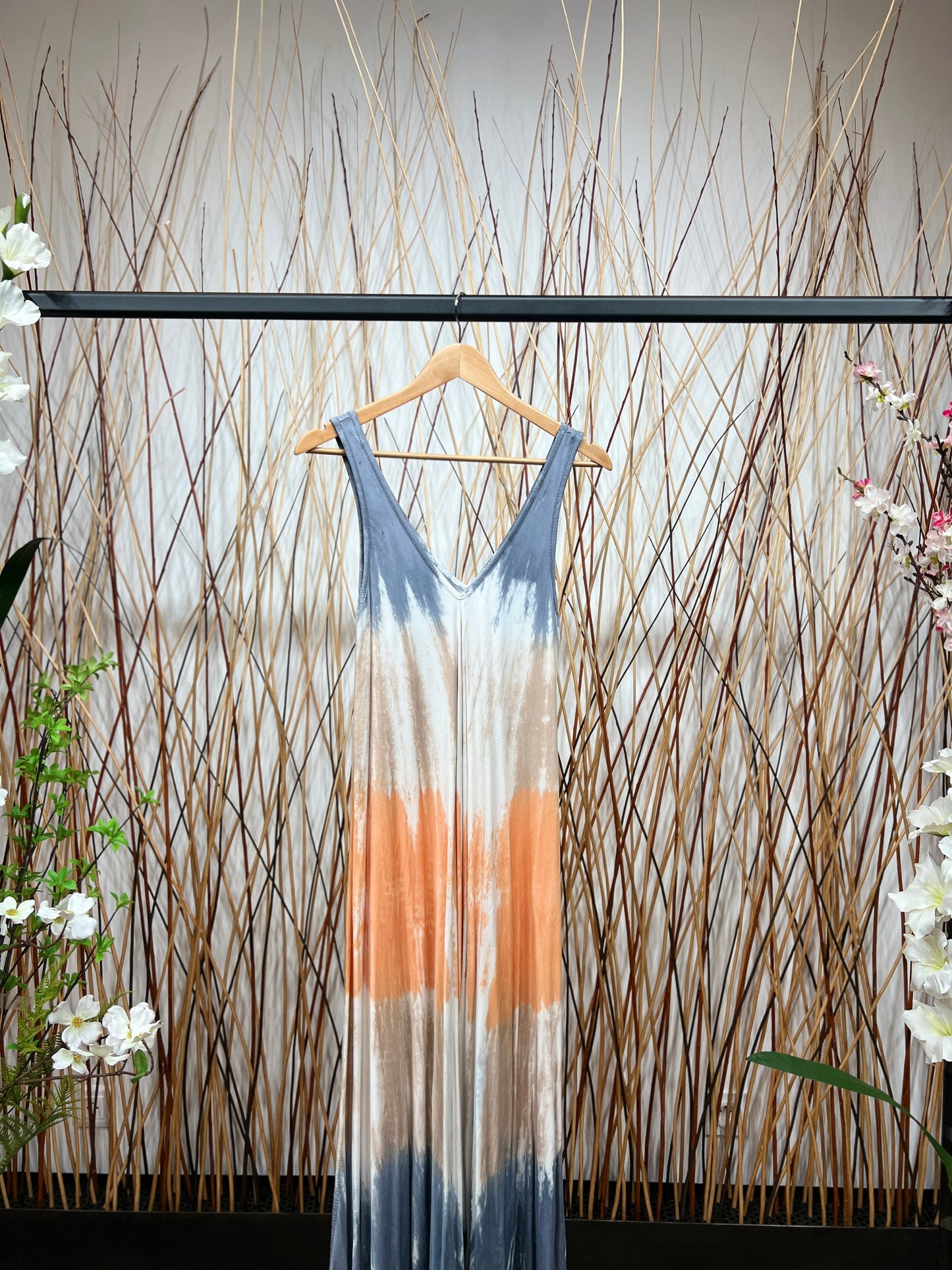 Robe Longue Tie & Dye Tricolore Bretelles Large Col V