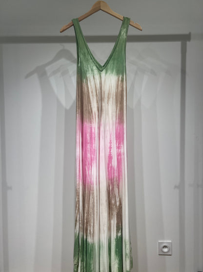 Tricolor Tie &amp; Dye Long Dress with Wide Straps and V-Neck