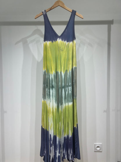 Tricolor Tie &amp; Dye Long Dress with Wide Straps and V-Neck