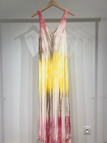 Tricolor Tie &amp; Dye Long Dress with Wide Straps and V-Neck