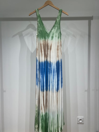 Tricolor Tie &amp; Dye Long Dress with Wide Straps and V-Neck