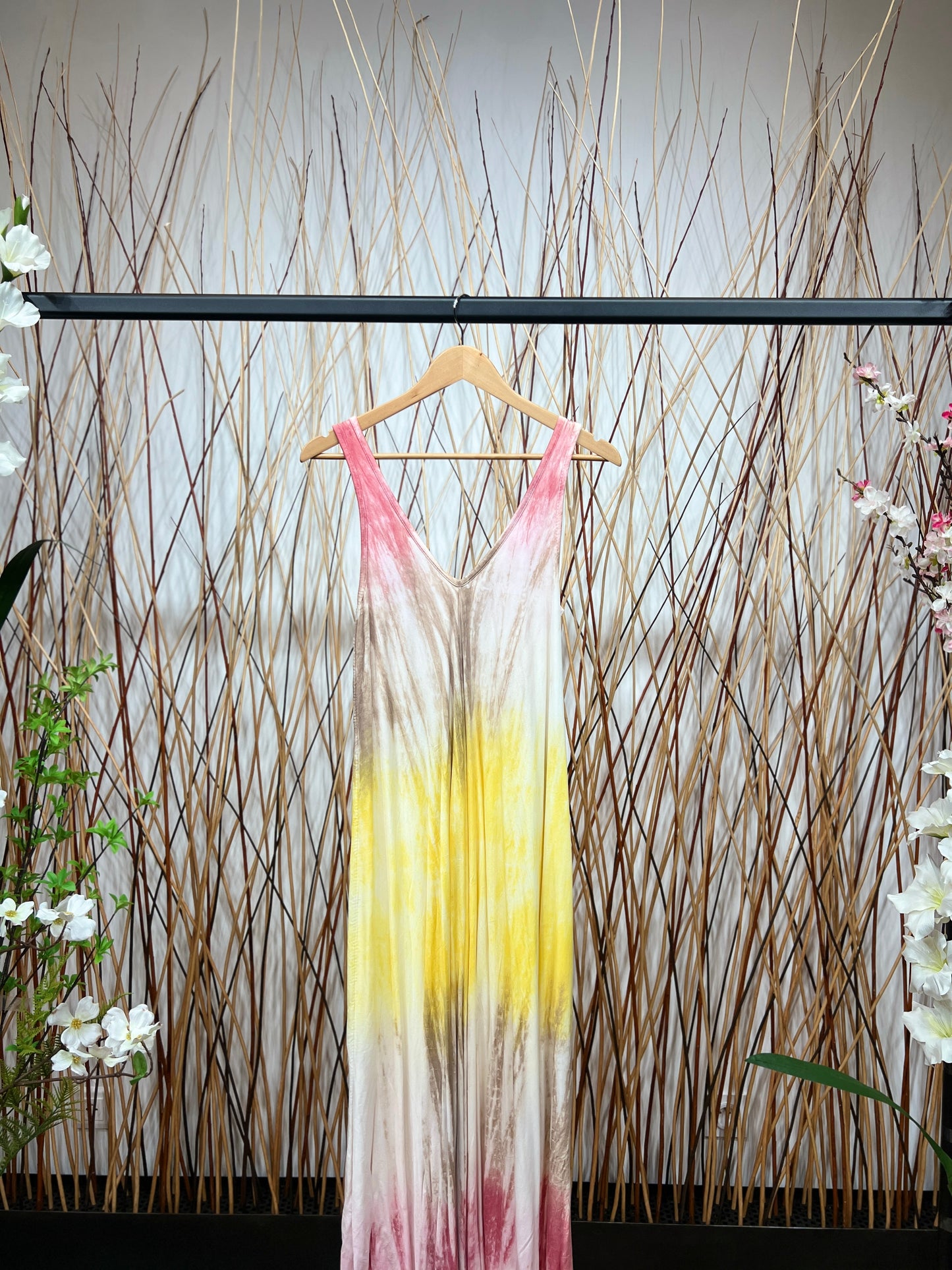 Robe Longue Tie & Dye Tricolore Bretelles Large Col V