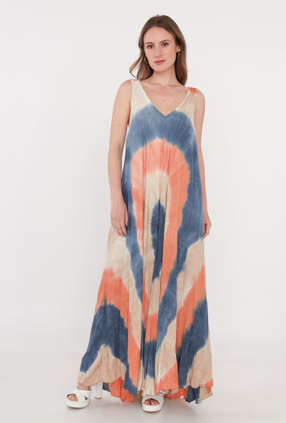 Robe Motif Tie&Dye Maxi Bretelles Larges Col V