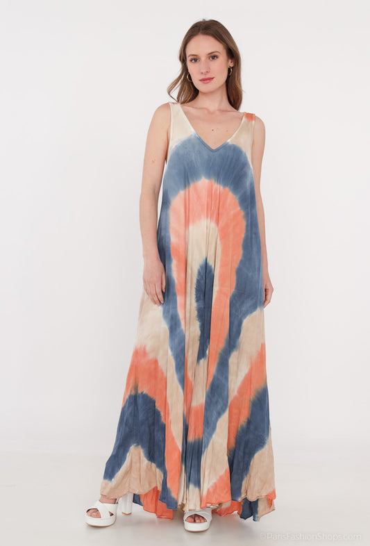 Robe Motif Tie&Dye Maxi Bretelles Larges Col V