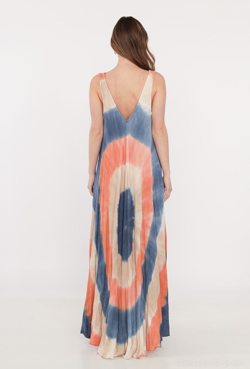 Robe Motif Tie&Dye Maxi Bretelles Larges Col V