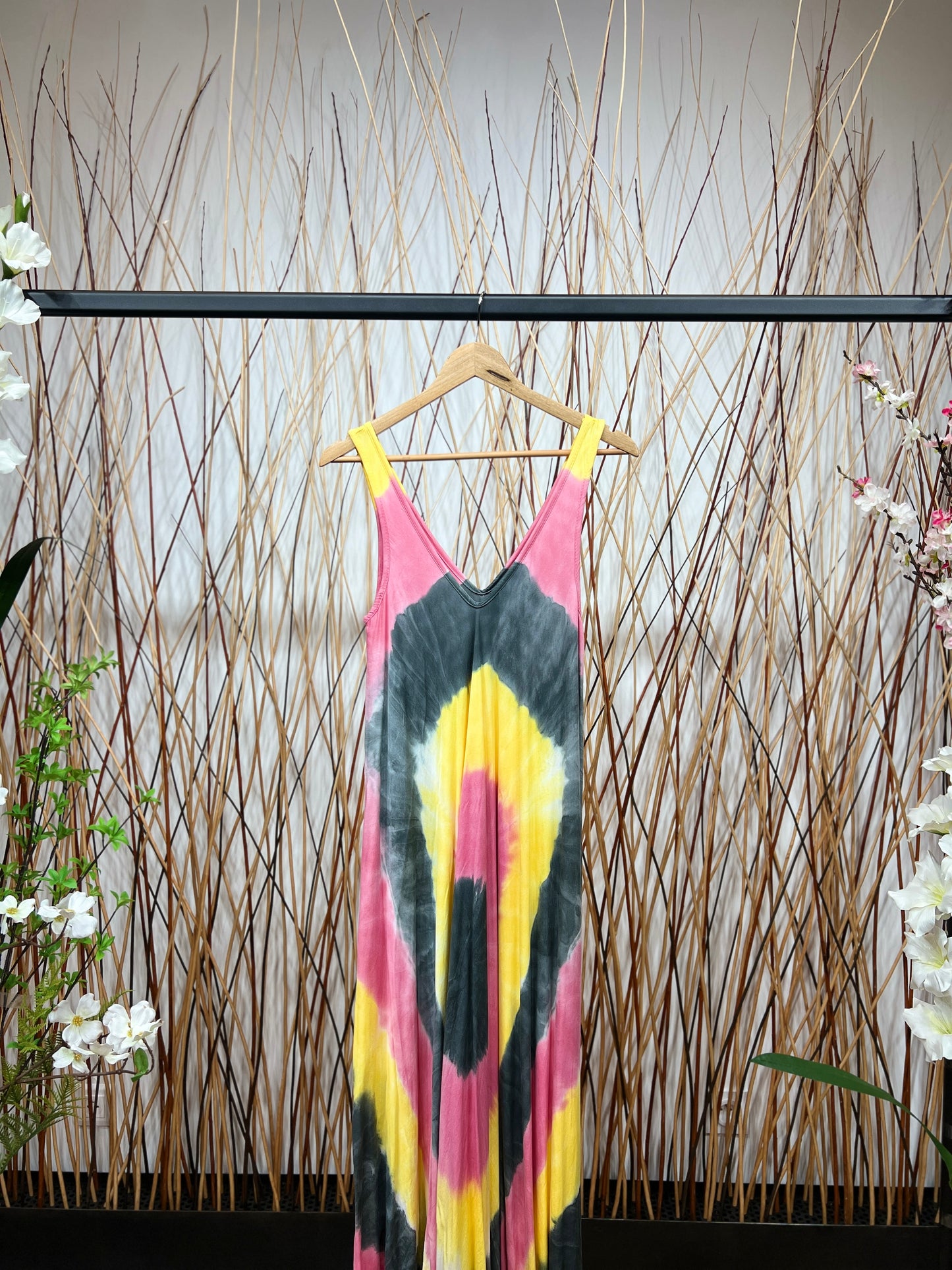 Robe Motif Tie&Dye Maxi Bretelles Larges Col V