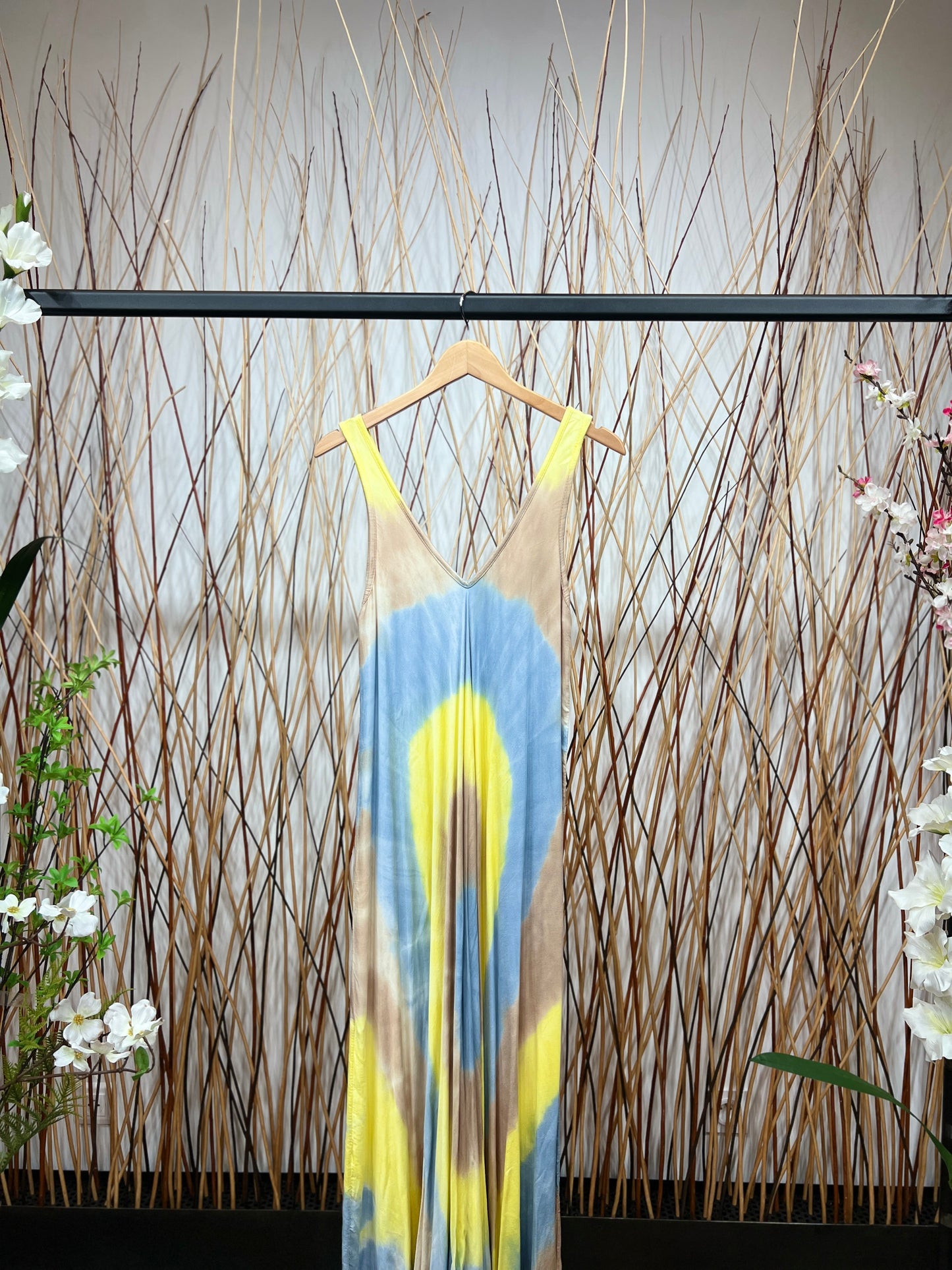 Robe Motif Tie&Dye Maxi Bretelles Larges Col V