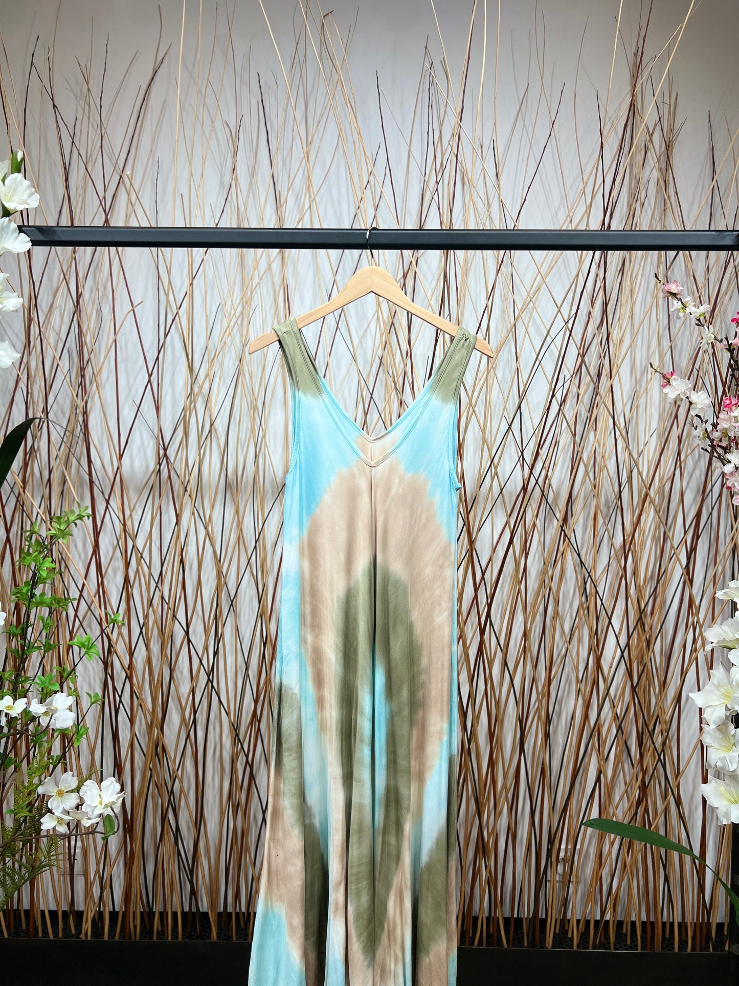 Robe Motif Tie&Dye Maxi Bretelles Larges Col V