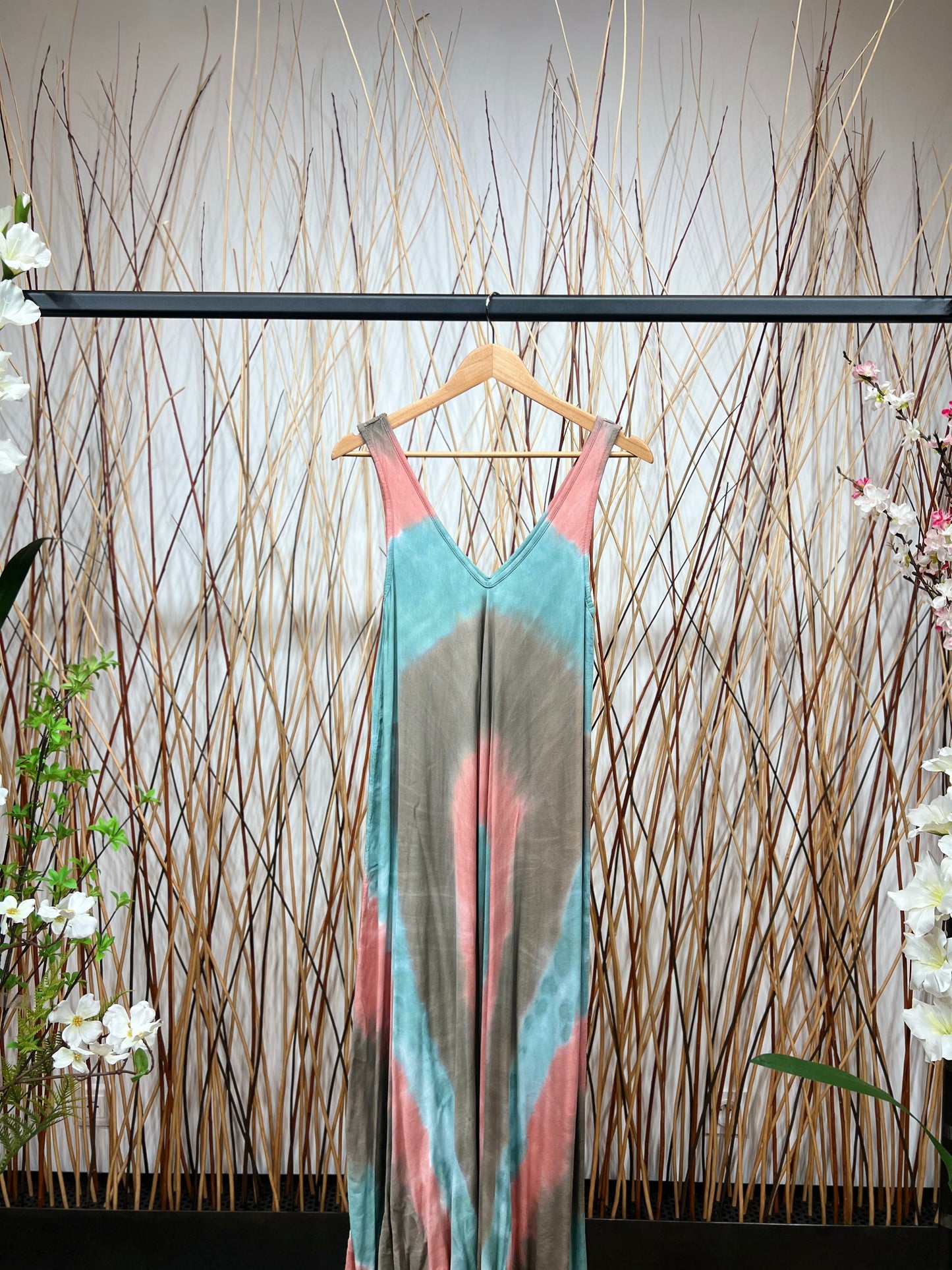 Robe Motif Tie&Dye Maxi Bretelles Larges Col V
