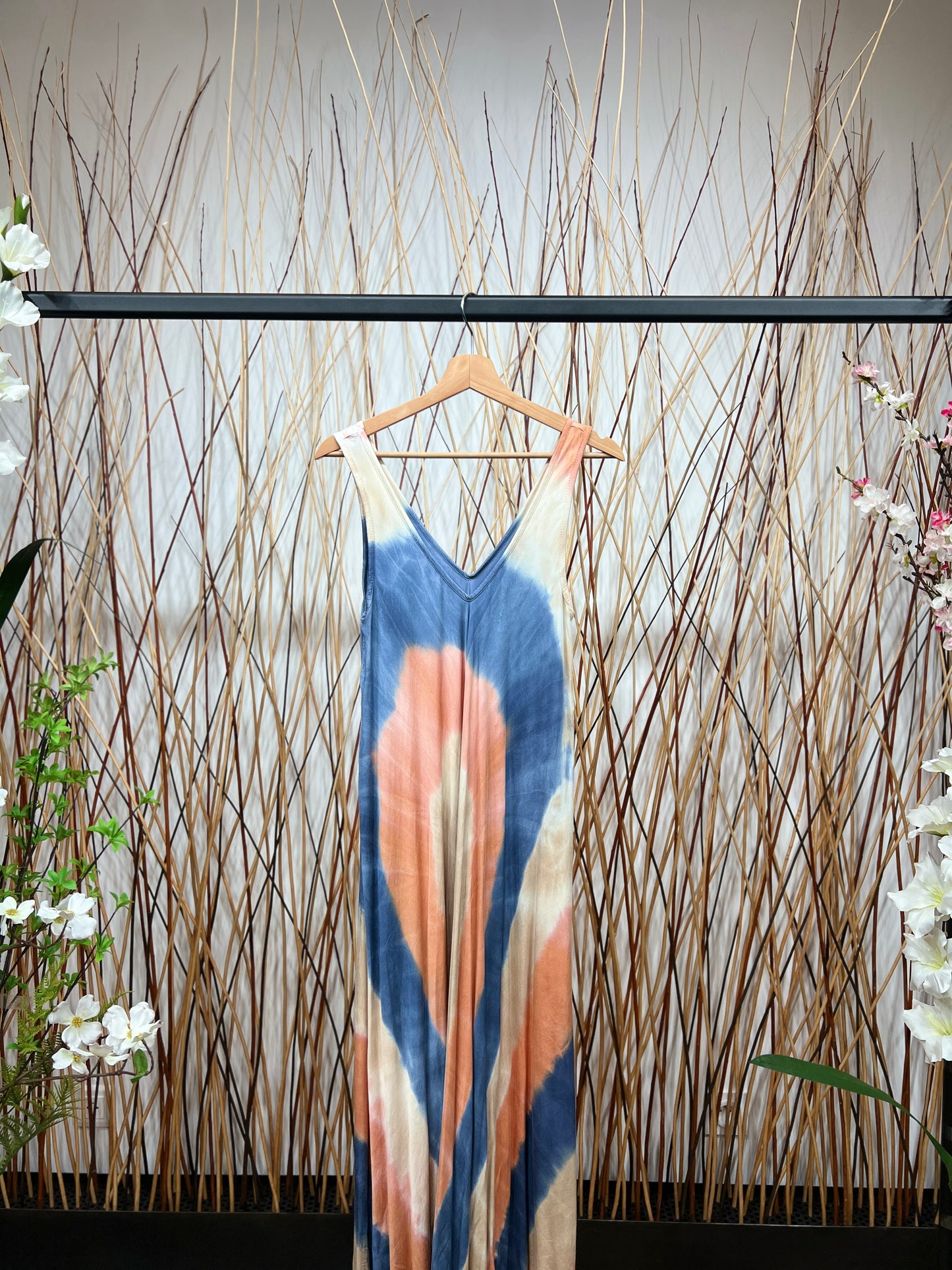 Robe Motif Tie&Dye Maxi Bretelles Larges Col V