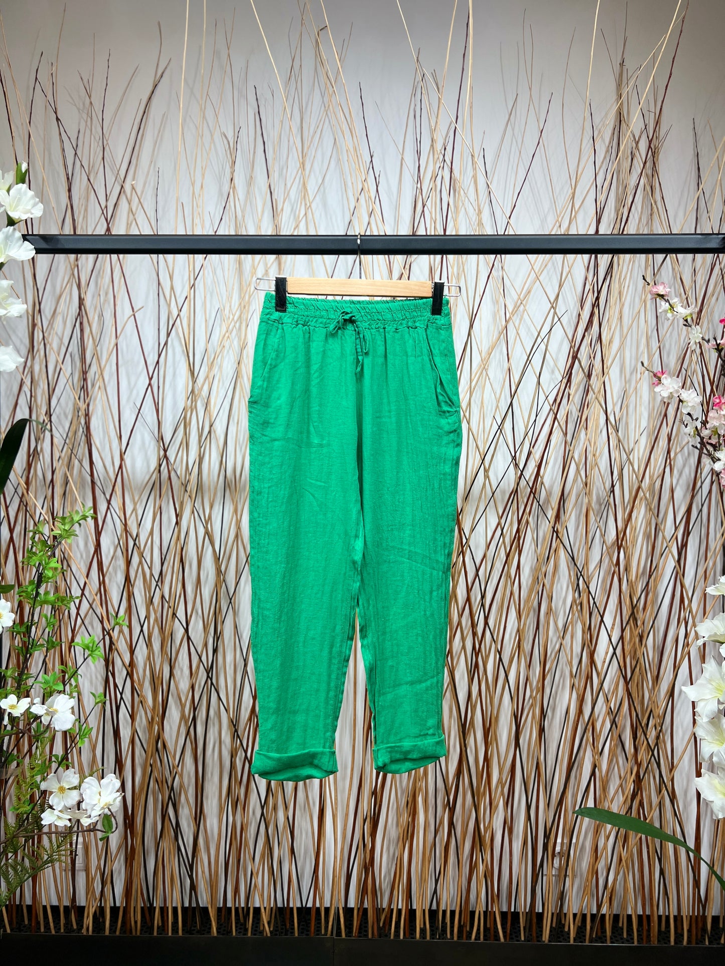 Pantalon 100% Lin Coupe Ballon Large Midi Nœud Ajustable