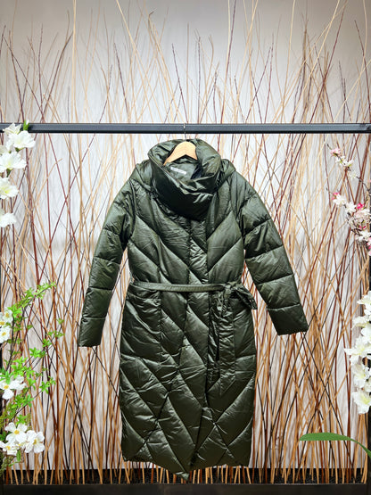 Doudoune Longue Col Montant à Capuche Boutonné & Zippé Avec Ceinture Taillé S-M-L-XL