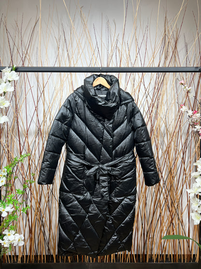 Doudoune Longue Col Montant à Capuche Boutonné & Zippé Avec Ceinture Taillé S-M-L-XL