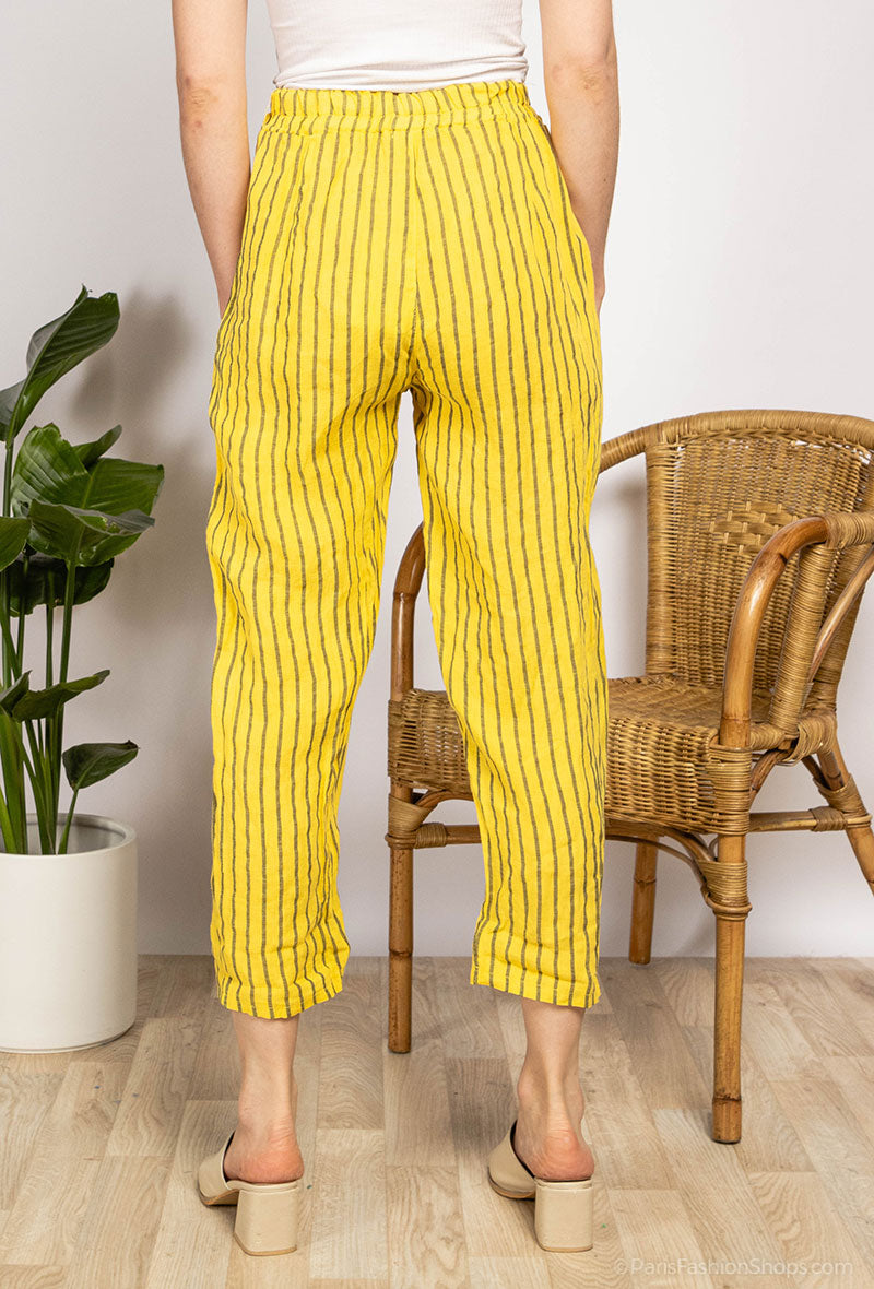 Pantalon Léger à Rayures Taille Élastique & Cordon 100% Lin