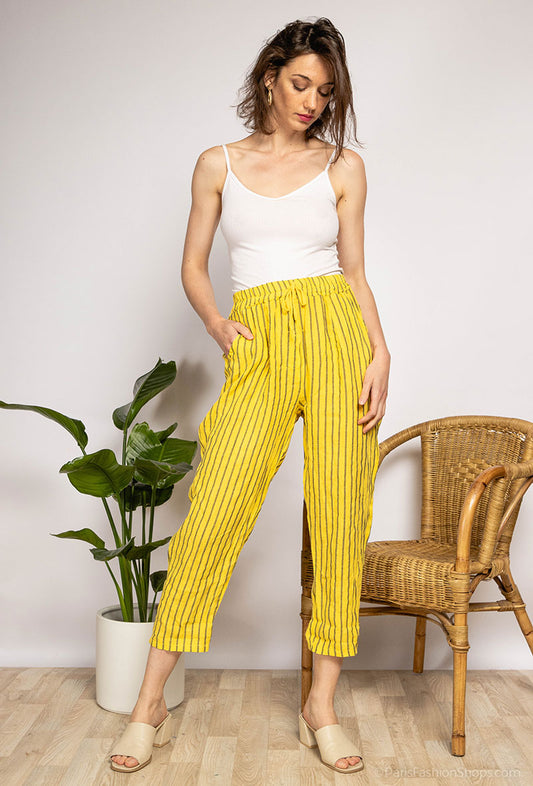 Pantalon Léger à Rayures Taille Élastique & Cordon 100% Lin