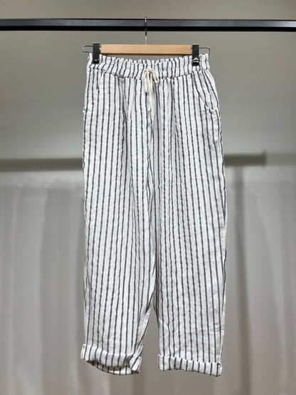 Pantalon Léger à Rayures Taille Élastique & Cordon 100% Lin