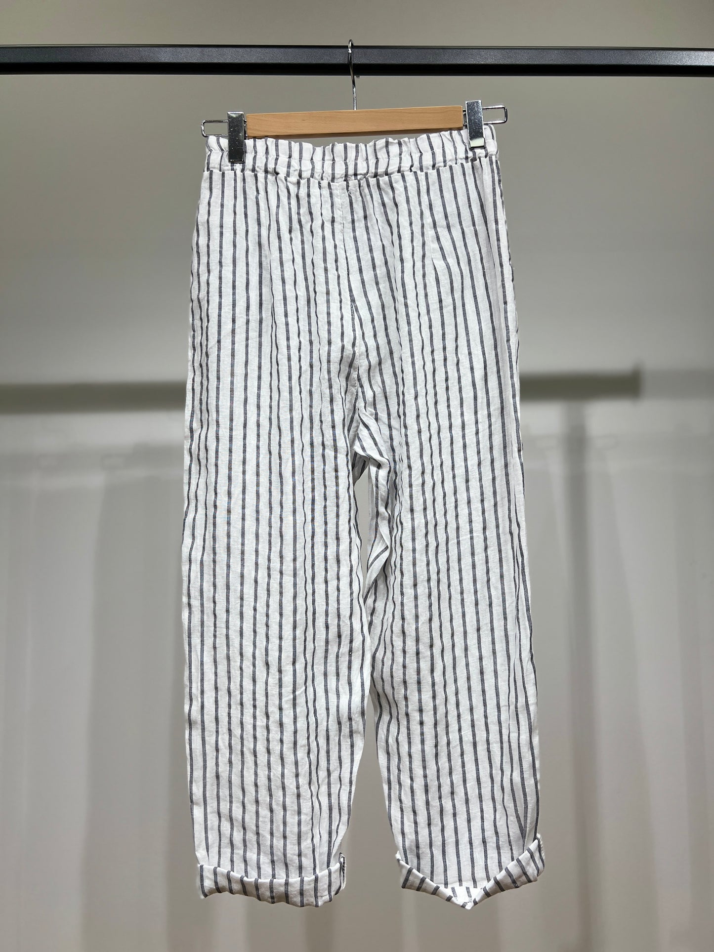 Pantalon Léger à Rayures Taille Élastique & Cordon 100% Lin