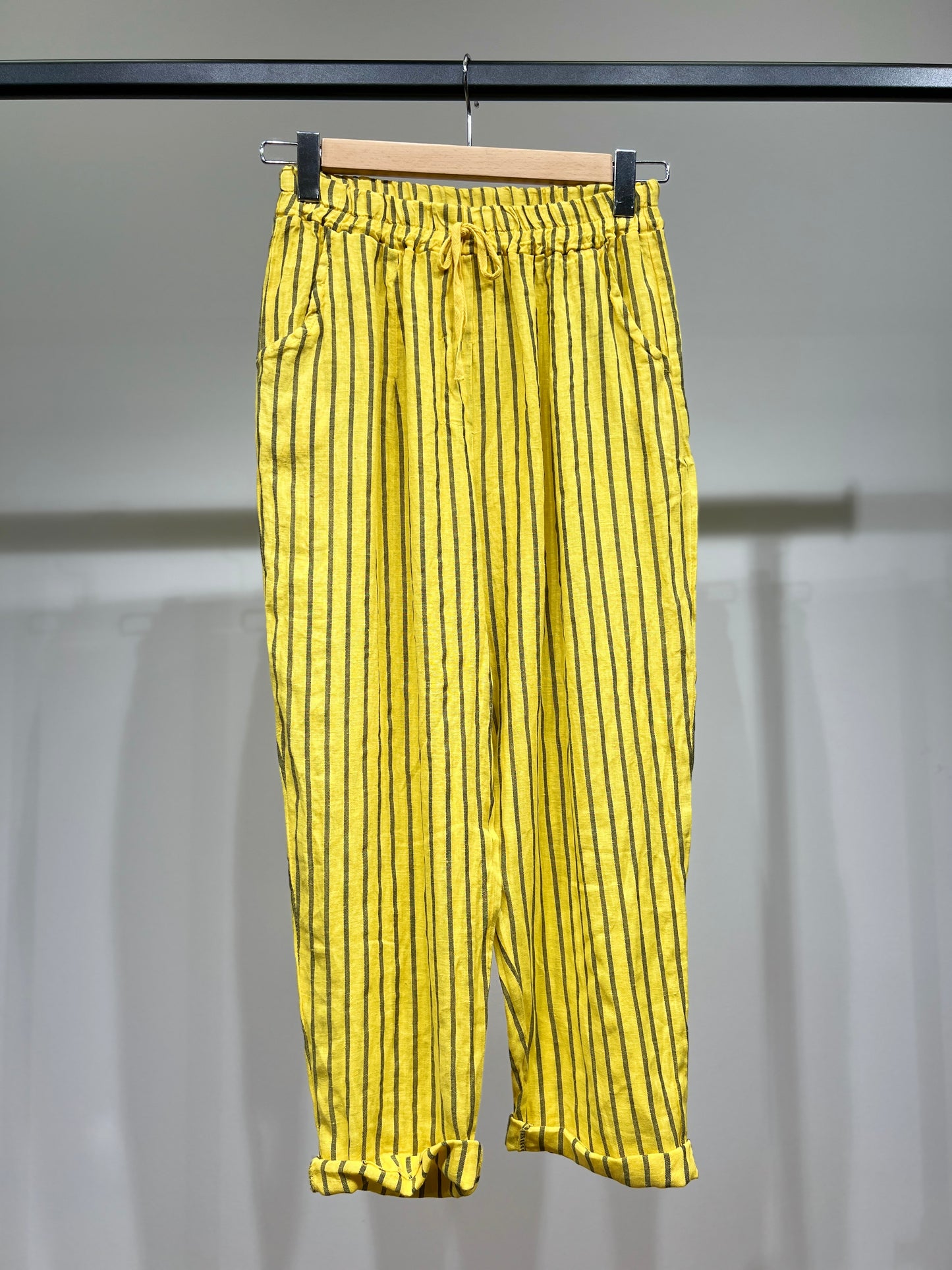 Pantalon Léger à Rayures Taille Élastique & Cordon 100% Lin