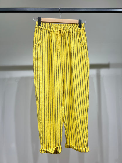 Pantalon Léger à Rayures Taille Élastique & Cordon 100% Lin