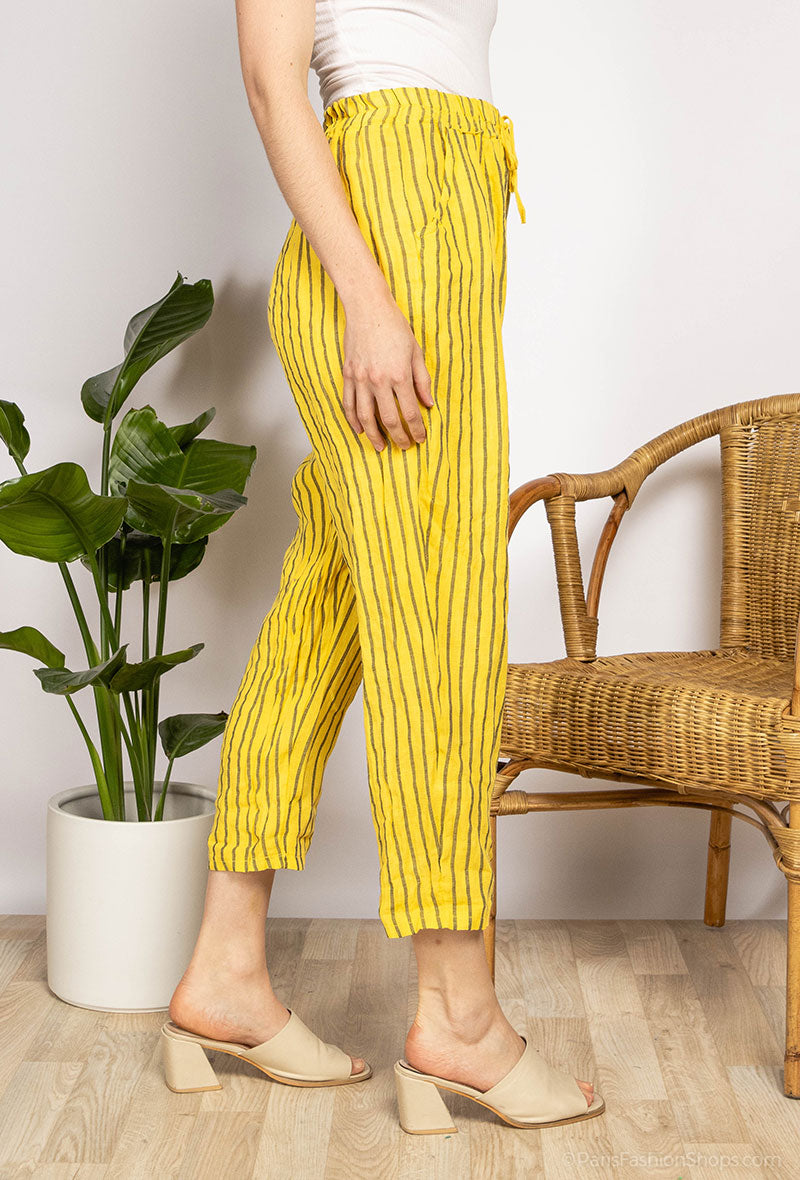 Pantalon Léger à Rayures Taille Élastique & Cordon 100% Lin