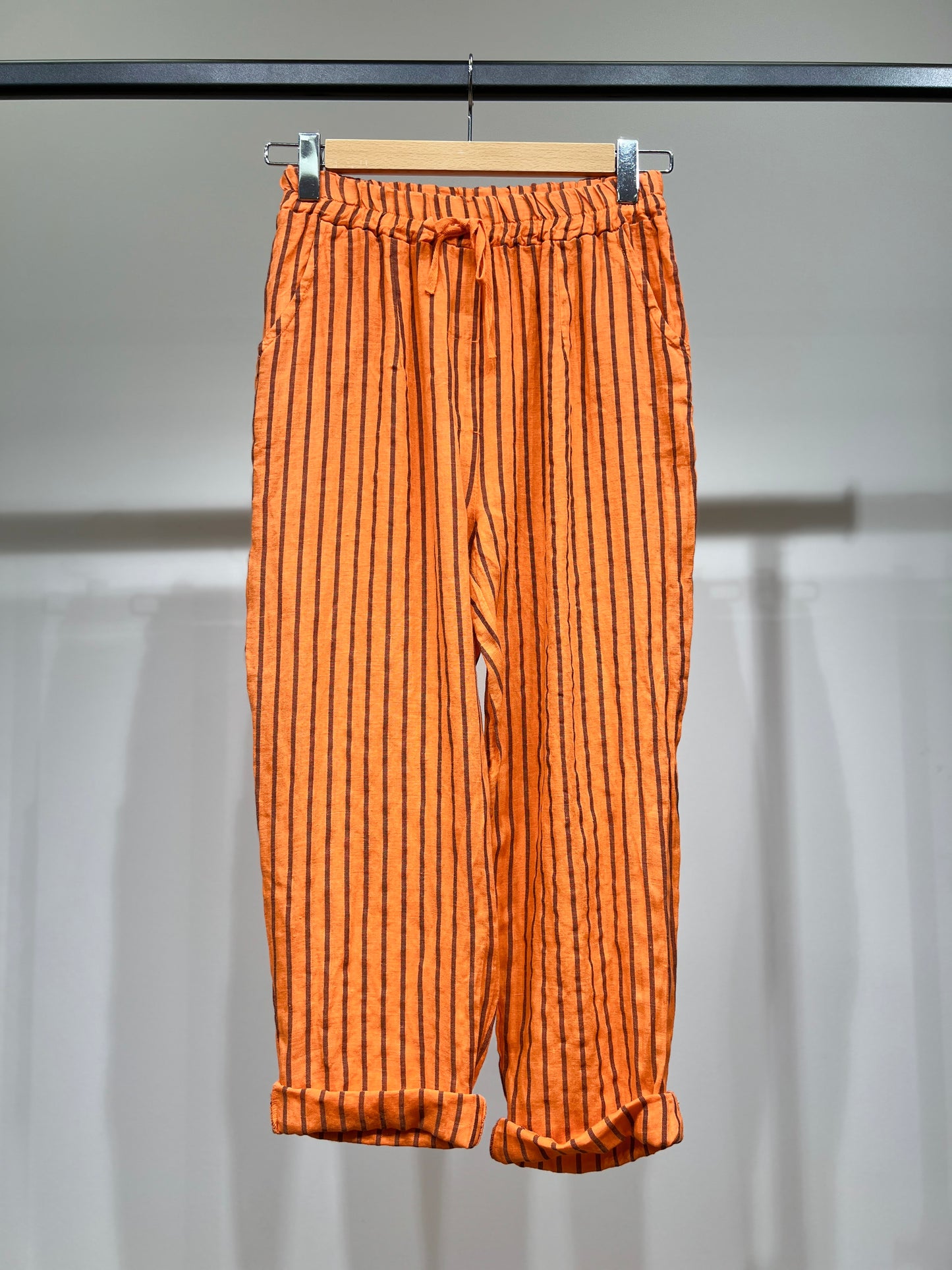 Pantalon Léger à Rayures Taille Élastique & Cordon 100% Lin