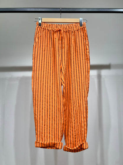 Pantalon Léger à Rayures Taille Élastique & Cordon 100% Lin
