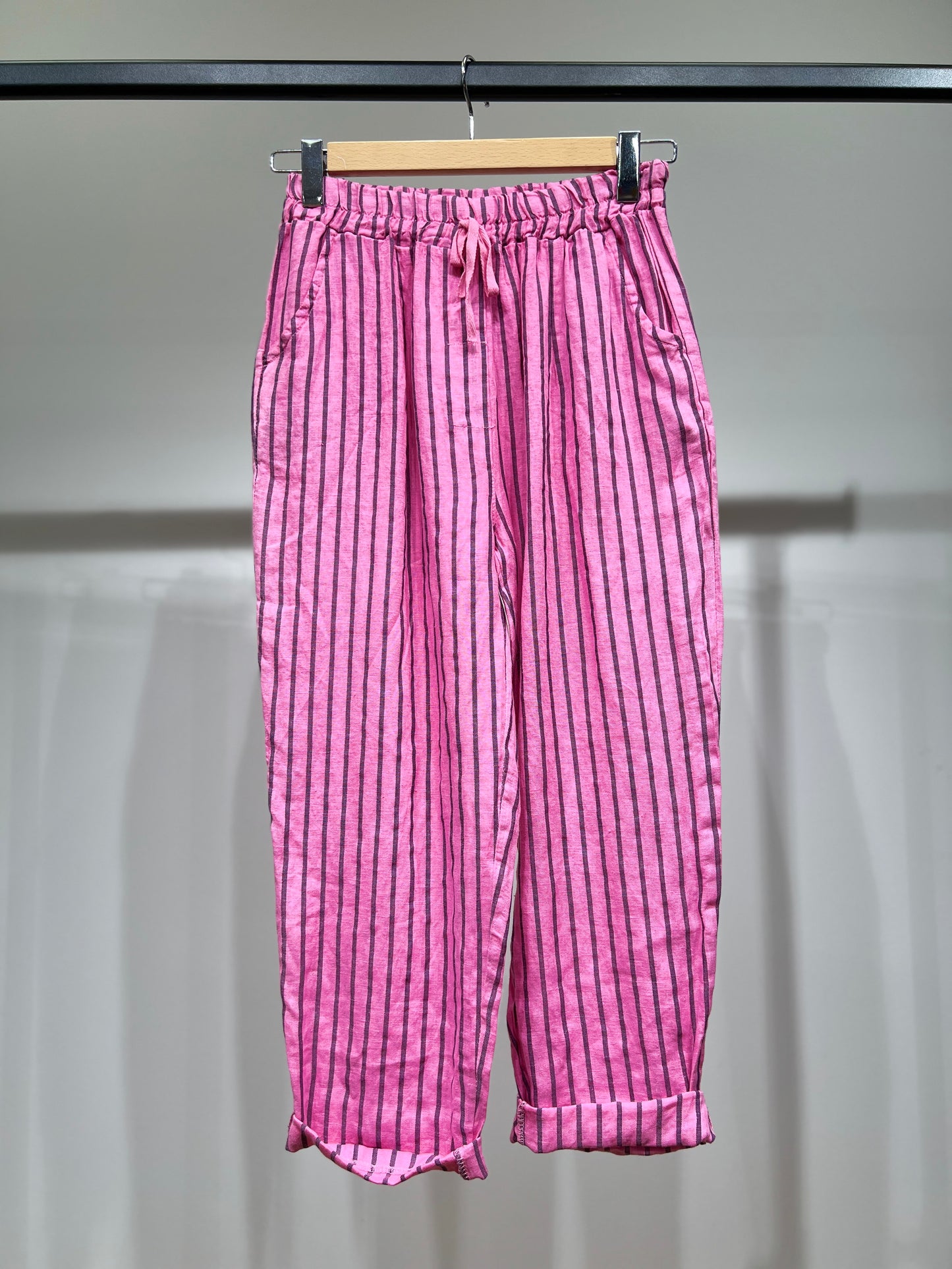 Pantalon Léger à Rayures Taille Élastique & Cordon 100% Lin