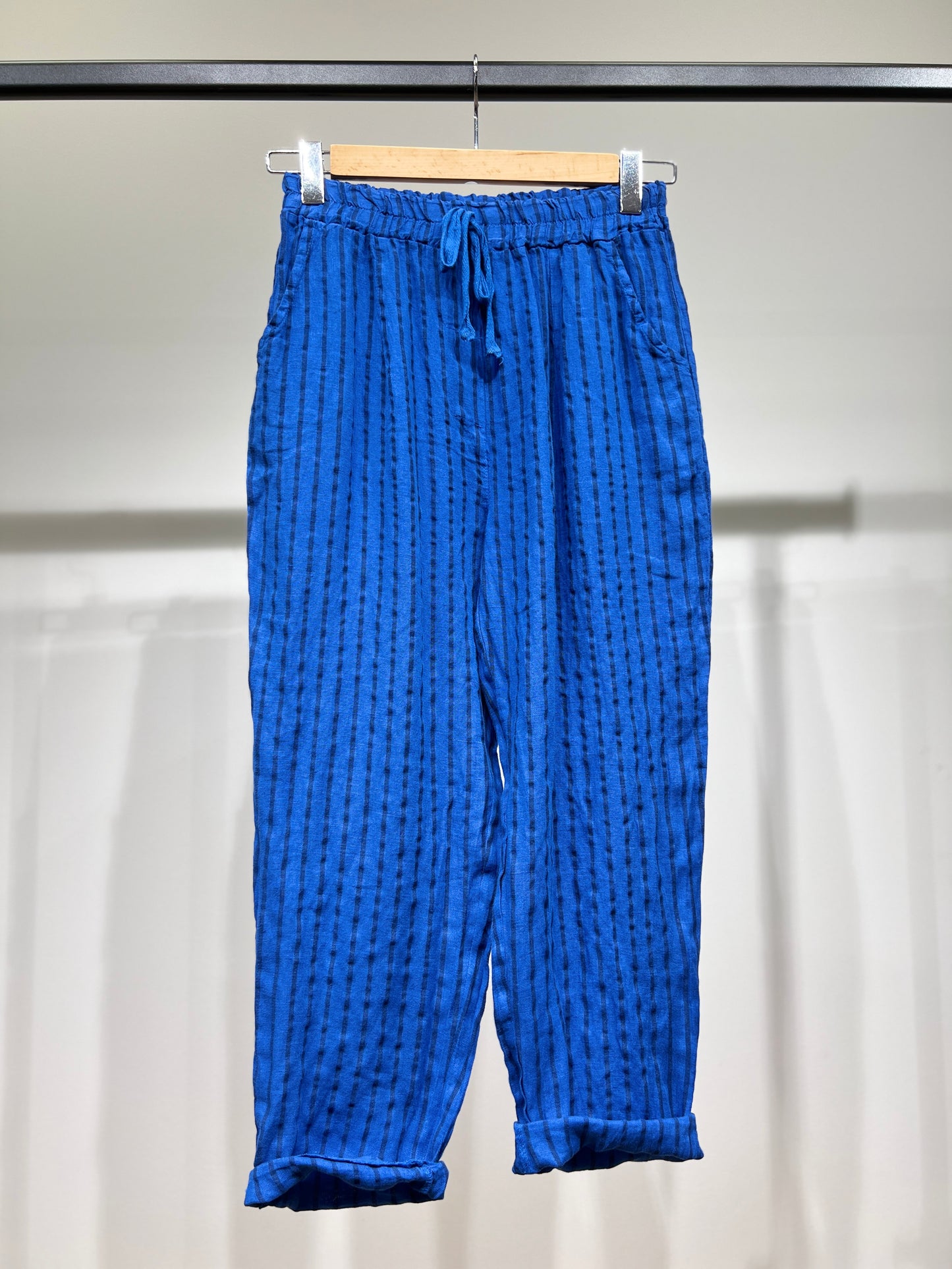 Pantalon Léger à Rayures Taille Élastique & Cordon 100% Lin