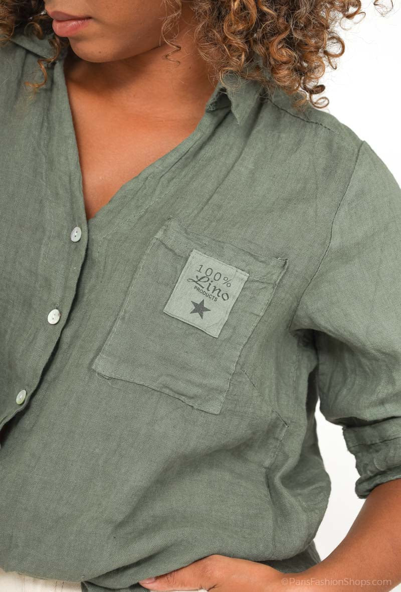 Chemise 100% Lin Manche Boutonné Poche Décorative