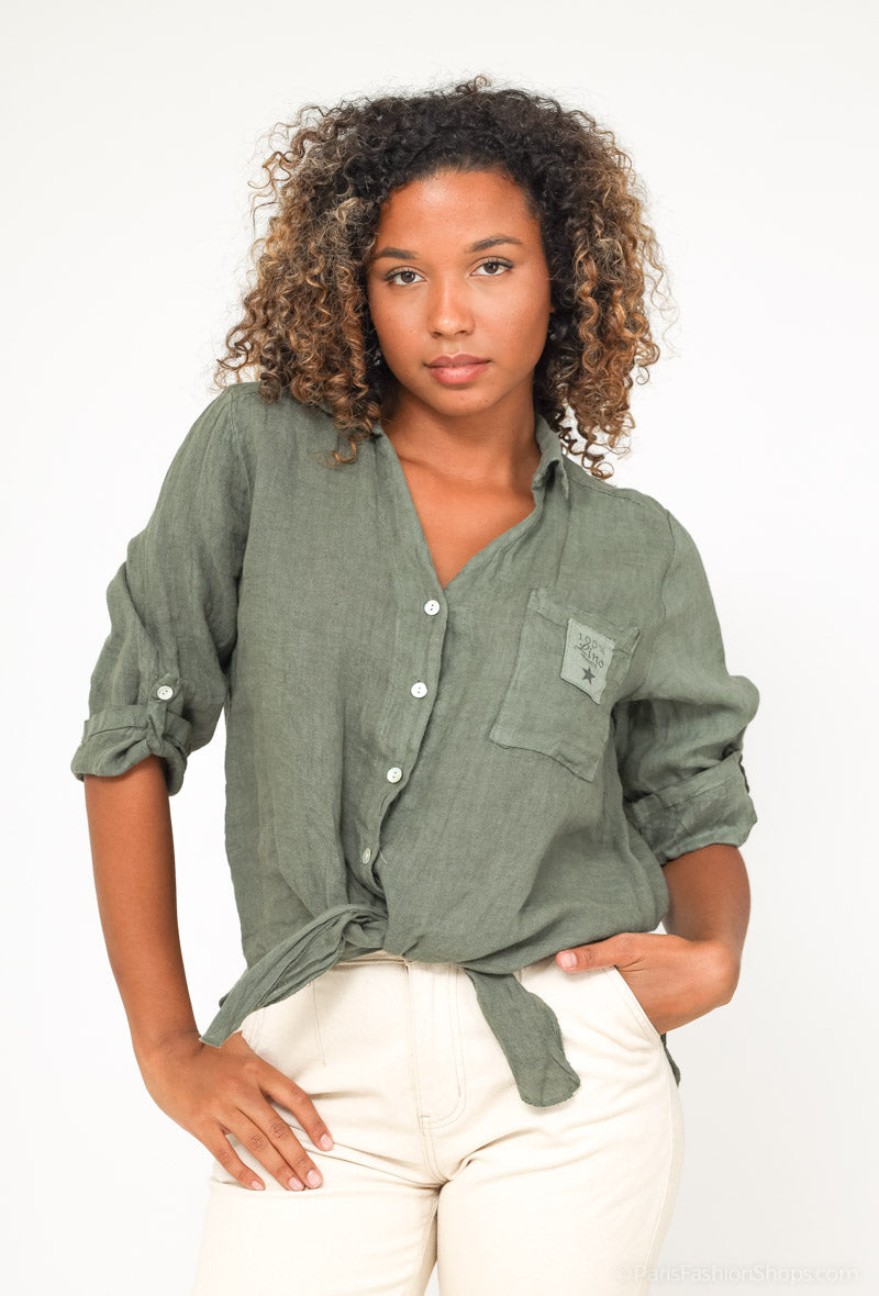 Chemise 100% Lin Manche Boutonné Poche Décorative