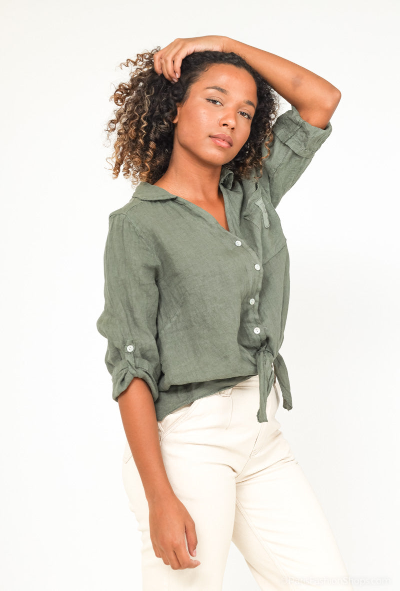 Chemise 100% Lin Manche Boutonné Poche Décorative