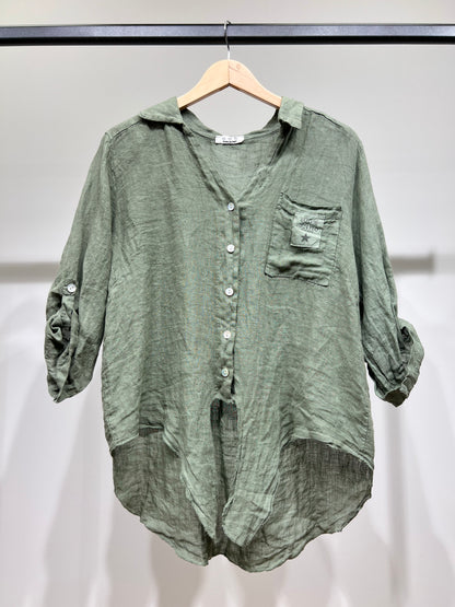 Chemise Manche Retroussable à Nouer à L'Avant 100% Lin
