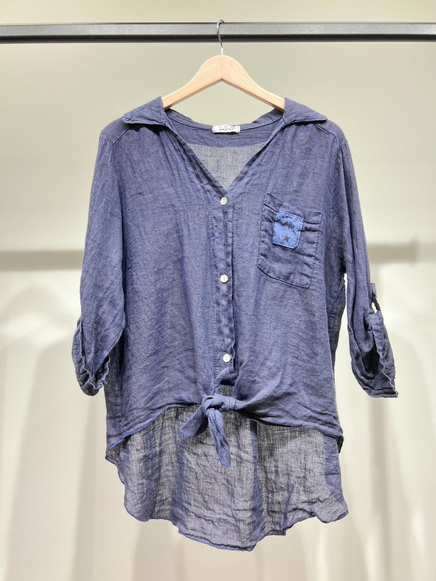 Chemise Manche Retroussable à Nouer à L'Avant 100% Lin