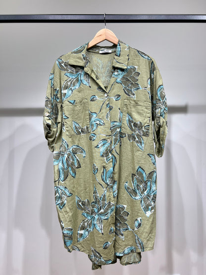 Chemisier Large Manche 3/4 Retroussable Motif Fleurs 80% Lin