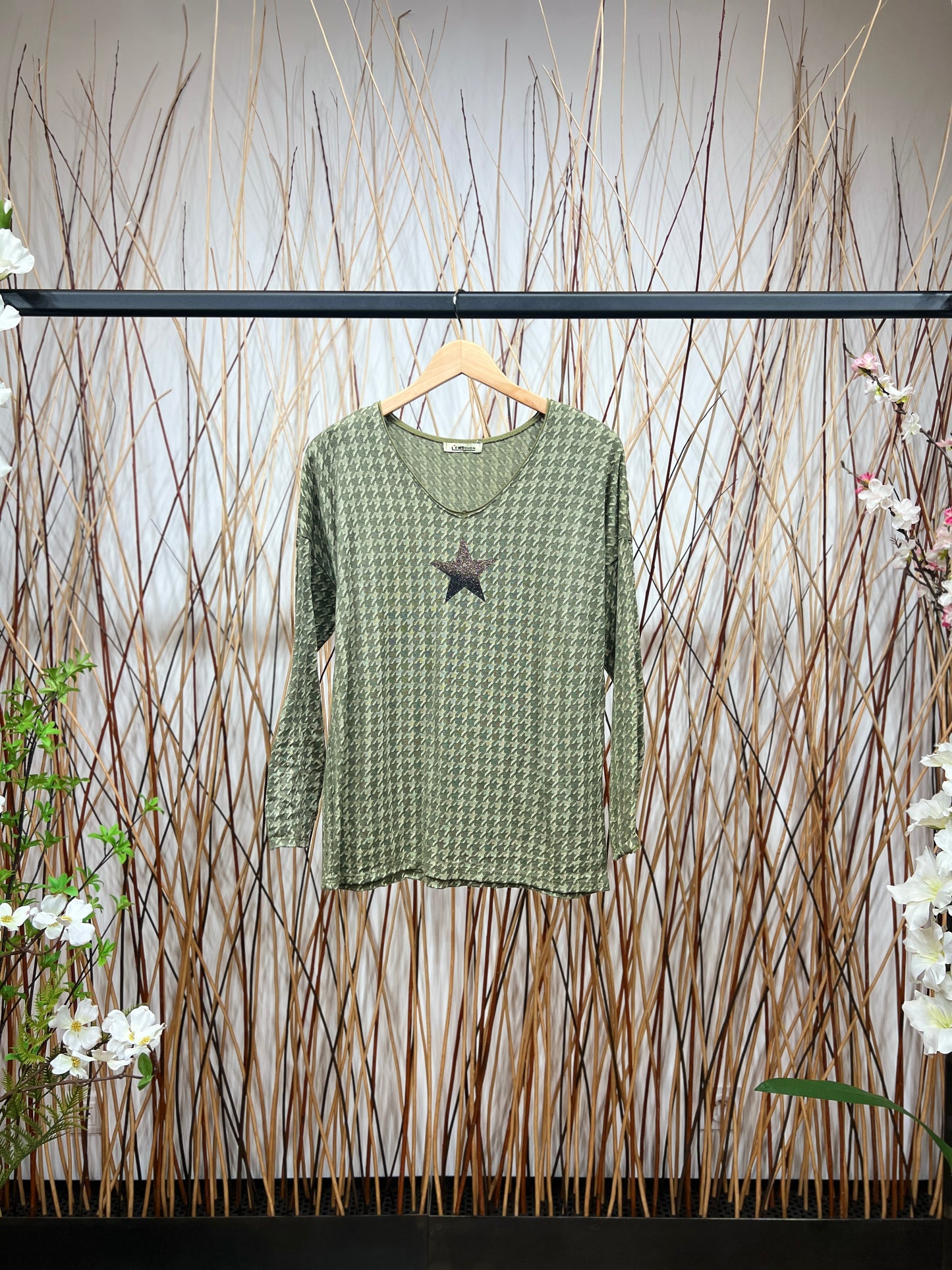 T-Shirt Col Rond Motif Pied De Poule Imprimé Étoile