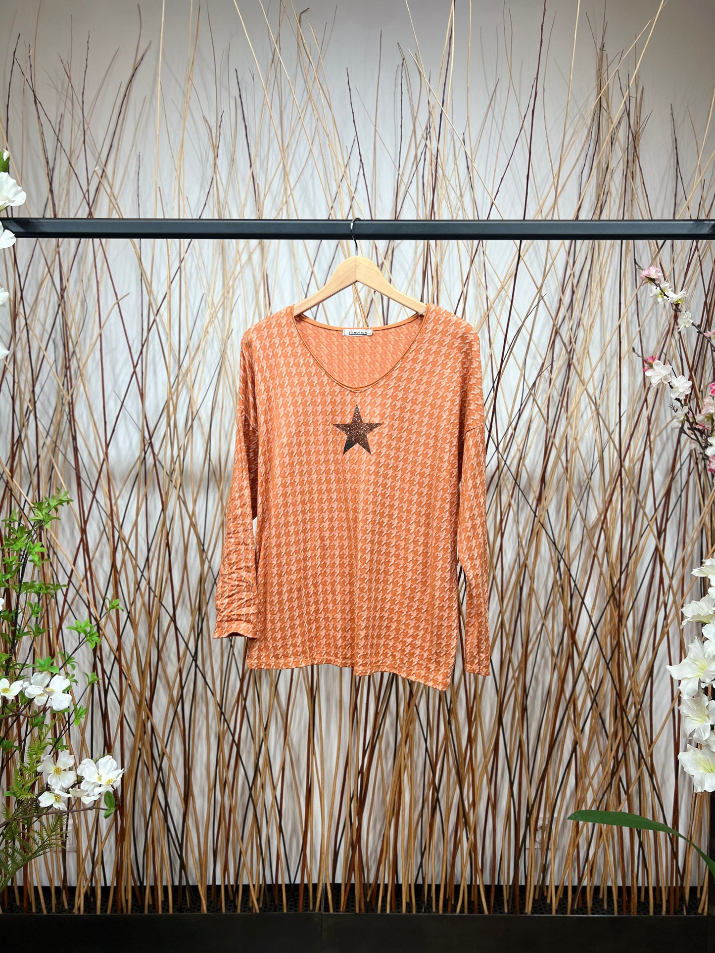 T-Shirt Col Rond Motif Pied De Poule Imprimé Étoile