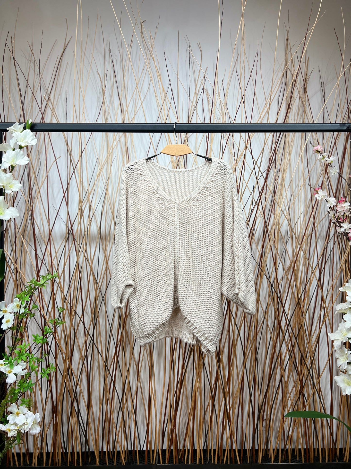 Pull En Maille Large Col Dégagé Manche 3/4 15% Alpaga Taille Élastique