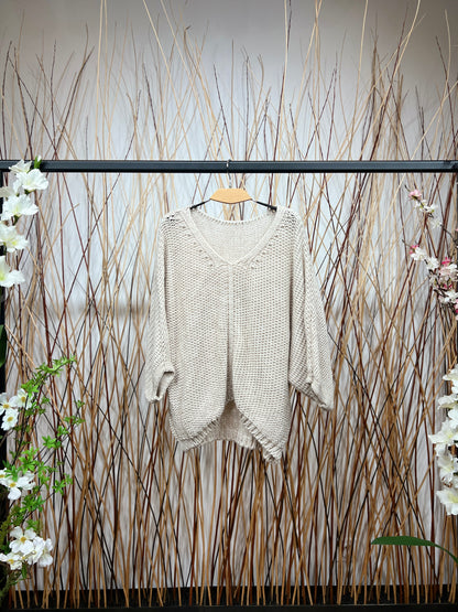 Pull En Maille Large Col Dégagé Manche 3/4 15% Alpaga Taille Élastique