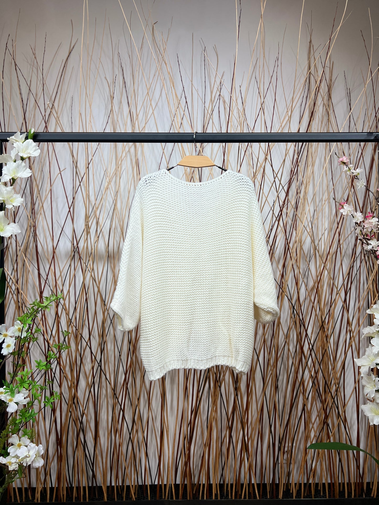 Pull En Maille Large Col Dégagé Manche 3/4 15% Alpaga Taille Élastique