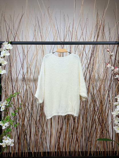 Pull En Maille Large Col Dégagé Manche 3/4 15% Alpaga Taille Élastique