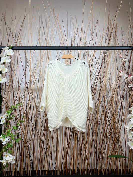 Pull En Maille Large Col Dégagé Manche 3/4 15% Alpaga Taille Élastique