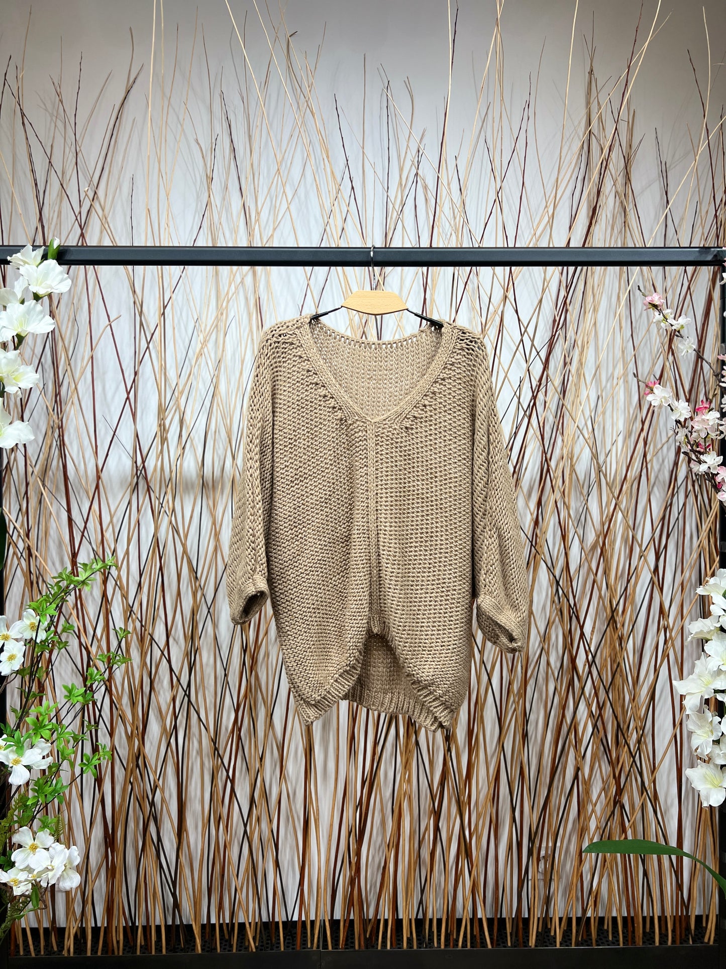 Pull En Maille Large Col Dégagé Manche 3/4 15% Alpaga Taille Élastique